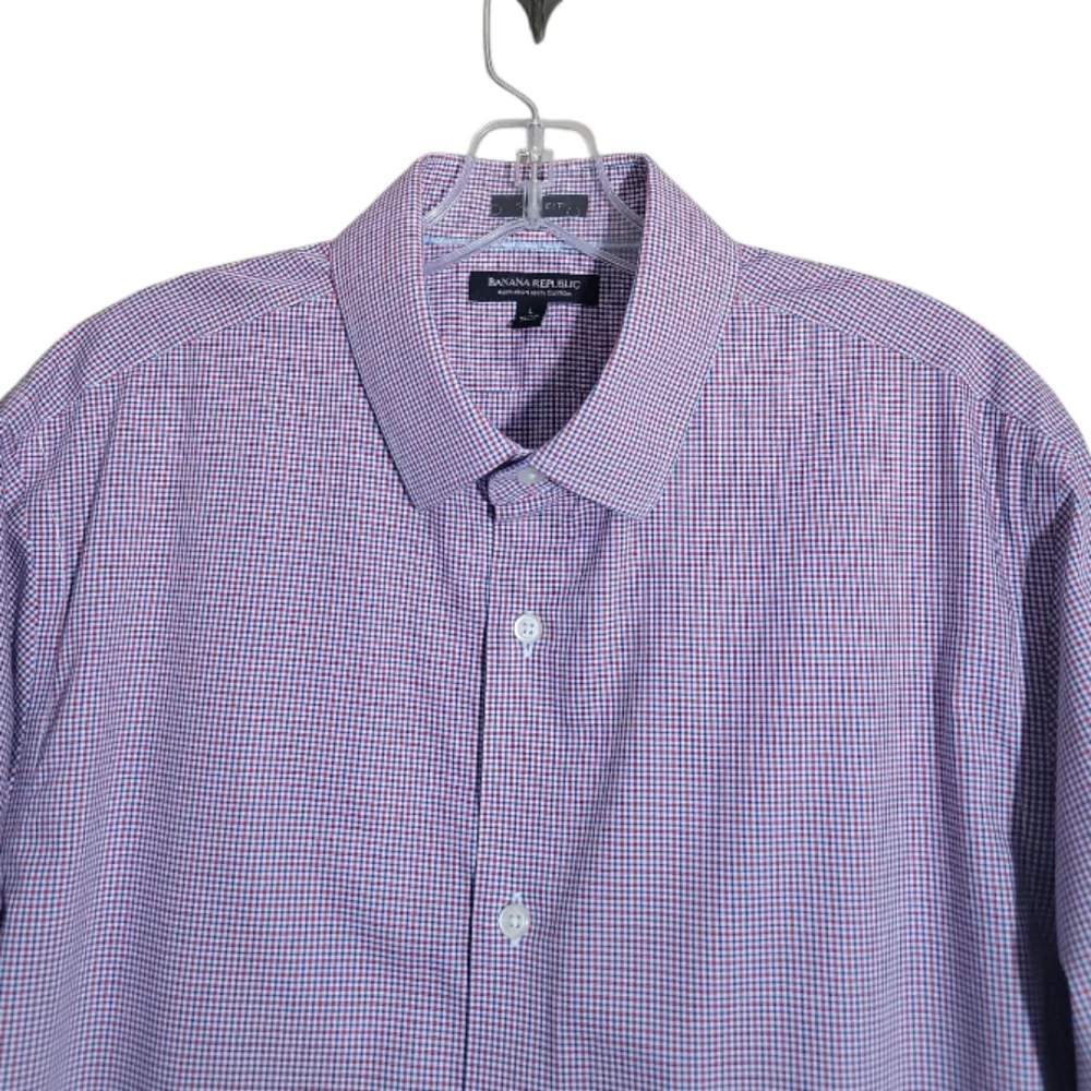Banana Republic slim fit red blue white plaid non iron cotton shirt men large